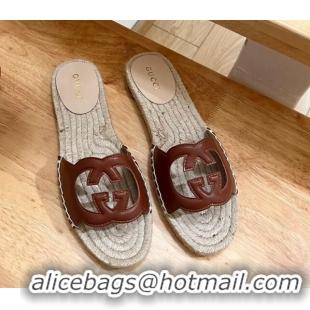 Good Product Gucci Leather Espadrille Flat Slide Sandals with Interlocking G Cutout Brown 711052