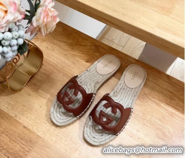 Good Product Gucci Leather Espadrille Flat Slide Sandals with Interlocking G Cutout Brown 711052