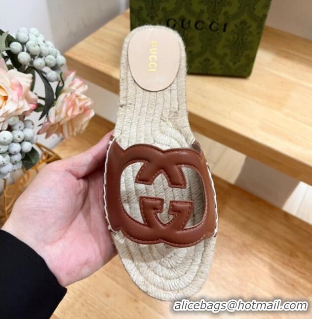 Good Product Gucci Leather Espadrille Flat Slide Sandals with Interlocking G Cutout Brown 711052