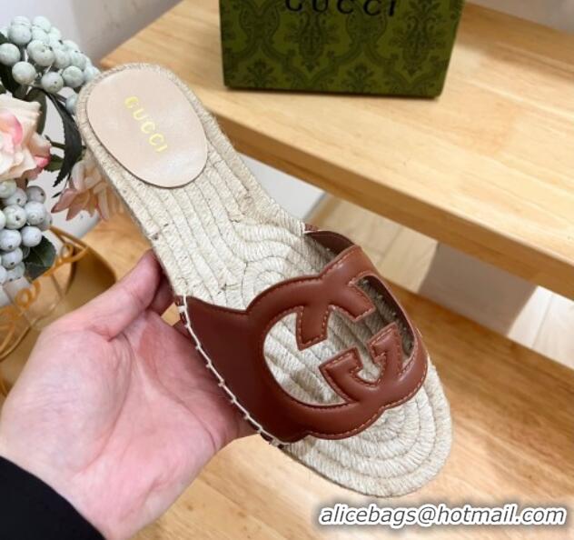 Good Product Gucci Leather Espadrille Flat Slide Sandals with Interlocking G Cutout Brown 711052