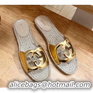 Shop Duplicate Gucci Leather Espadrille Flat Slide Sandals with Interlocking G Cutout Gold 711053