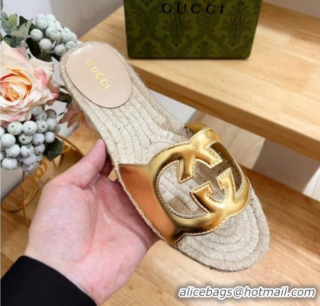 Shop Duplicate Gucci Leather Espadrille Flat Slide Sandals with Interlocking G Cutout Gold 711053