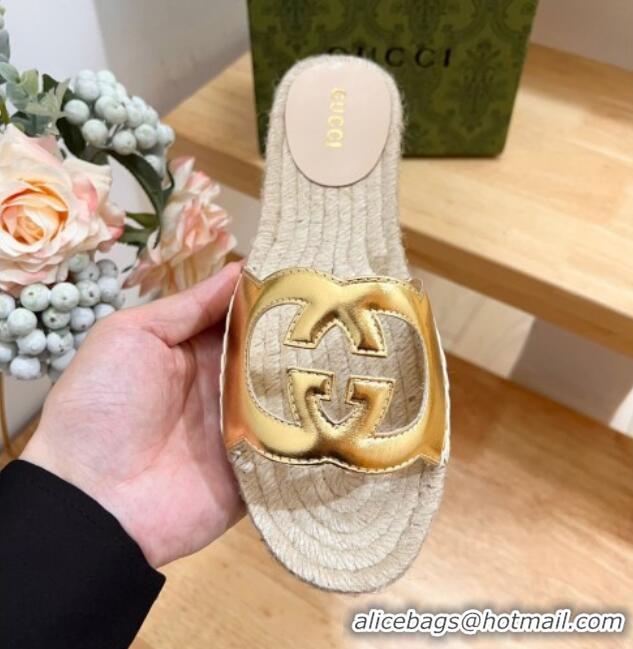 Shop Duplicate Gucci Leather Espadrille Flat Slide Sandals with Interlocking G Cutout Gold 711053