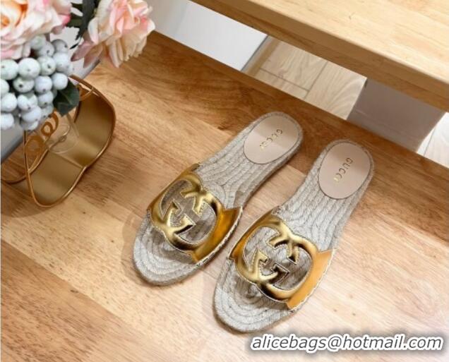 Shop Duplicate Gucci Leather Espadrille Flat Slide Sandals with Interlocking G Cutout Gold 711053