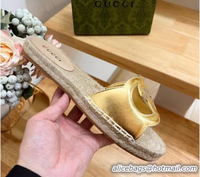 Shop Duplicate Gucci Leather Espadrille Flat Slide Sandals with Interlocking G Cutout Gold 711053