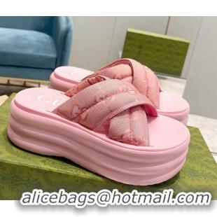 Top Design Gucci GG Fabric Platform Slide Sandals Pink 711054