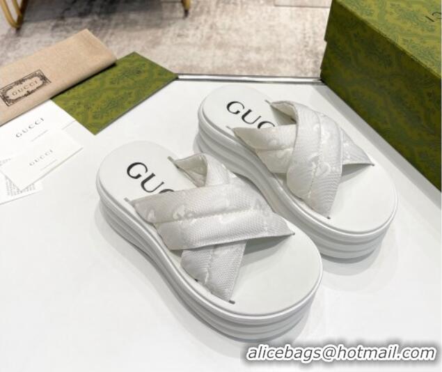 Popular Style Gucci GG Fabric Platform Slide Sandals White 711055