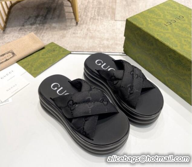 Good Product Gucci GG Fabric Platform Slide Sandals Black 711056