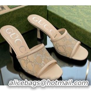 Big Discount Gucci GG Crystals Mesh Mid Heel Slide Sandals 7.5cm Rose Beige 711057