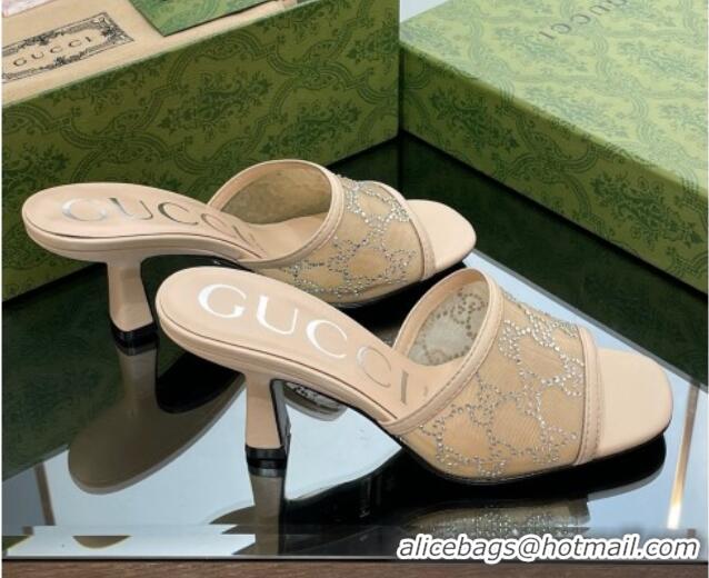 Big Discount Gucci GG Crystals Mesh Mid Heel Slide Sandals 7.5cm Rose Beige 711057