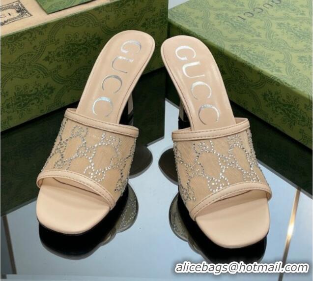 Big Discount Gucci GG Crystals Mesh Mid Heel Slide Sandals 7.5cm Rose Beige 711057