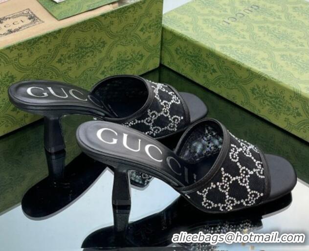 Cheap Price Gucci GG Crystals Mesh Mid Heel Slide Sandals 7.5cm Black 711058