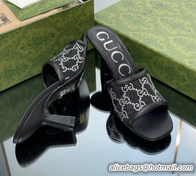 Cheap Price Gucci GG Crystals Mesh Mid Heel Slide Sandals 7.5cm Black 711058