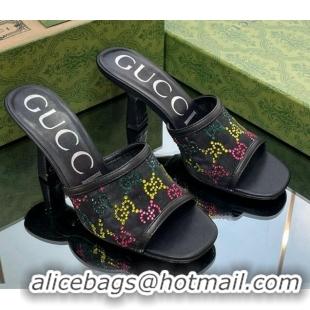 Hot Style Gucci GG Crystals Mesh Mid Heel Slide Sandals 7.5cm Black/Multicolor 711059