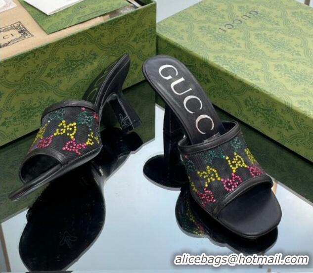 Hot Style Gucci GG Crystals Mesh Mid Heel Slide Sandals 7.5cm Black/Multicolor 711059