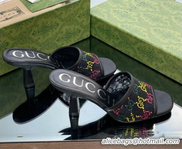 Hot Style Gucci GG Crystals Mesh Mid Heel Slide Sandals 7.5cm Black/Multicolor 711059