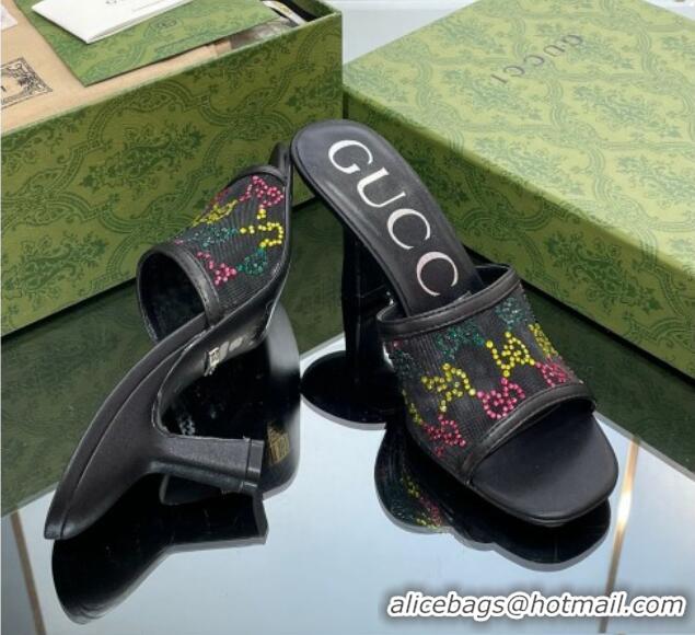 Hot Style Gucci GG Crystals Mesh Mid Heel Slide Sandals 7.5cm Black/Multicolor 711059