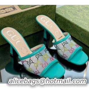 Buy Luxury Gucci GG Crystals Mesh Mid Heel Slide Sandals 7.5cm Light Green 711060