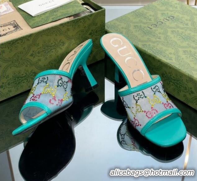 Buy Luxury Gucci GG Crystals Mesh Mid Heel Slide Sandals 7.5cm Light Green 711060