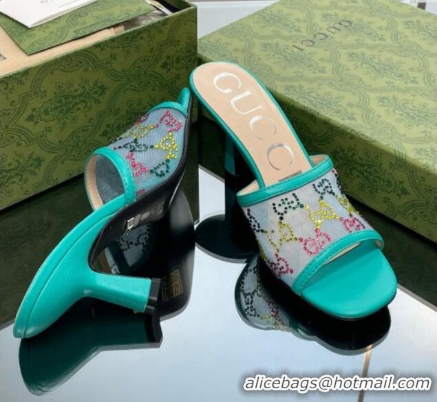 Buy Luxury Gucci GG Crystals Mesh Mid Heel Slide Sandals 7.5cm Light Green 711060