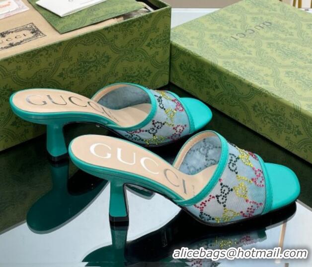 Buy Luxury Gucci GG Crystals Mesh Mid Heel Slide Sandals 7.5cm Light Green 711060