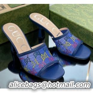 Perfect Gucci GG Crystals Mesh Mid Heel Slide Sandals 7.5cm Blue 711061