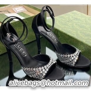 Unique Style Gucci Heel Sandals with Crystals in Satin 7.5cm Black 711070