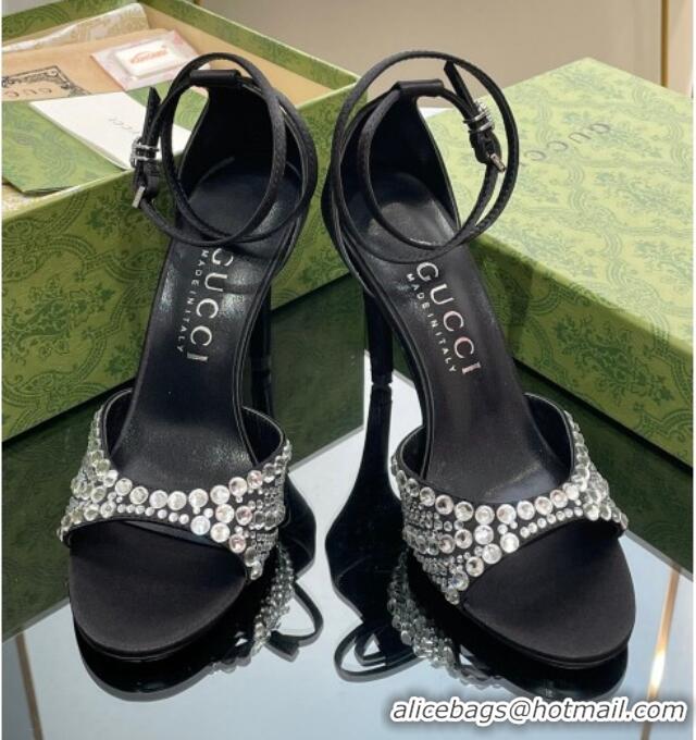 Unique Style Gucci Heel Sandals with Crystals in Satin 7.5cm Black 711070