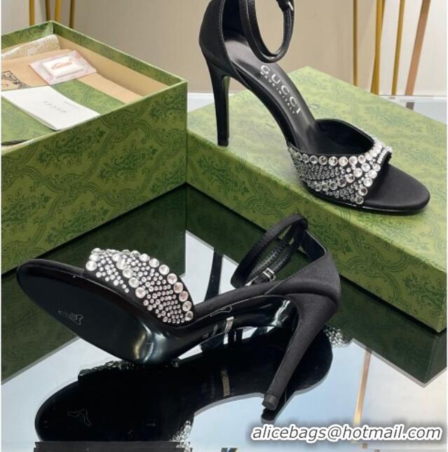 Unique Style Gucci Heel Sandals with Crystals in Satin 7.5cm Black 711070