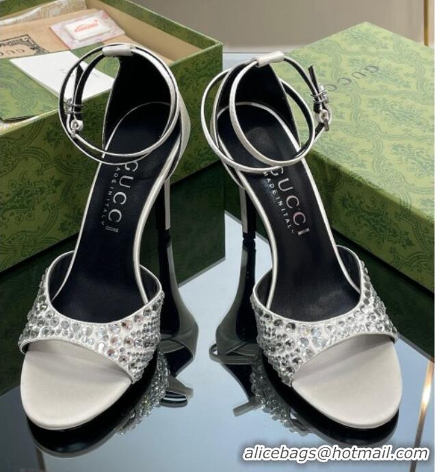 Good Quality Gucci Heel Sandals with Crystals in Satin 7.5cm Light Grey 711071