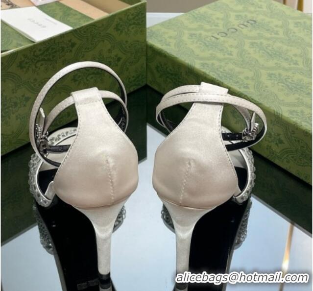 Good Quality Gucci Heel Sandals with Crystals in Satin 7.5cm Light Grey 711071