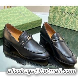 Best Grade Gucci Leather Loafers 3cm with Interlocking G Black 711083