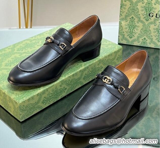 Best Grade Gucci Leather Loafers 3cm with Interlocking G Black 711083