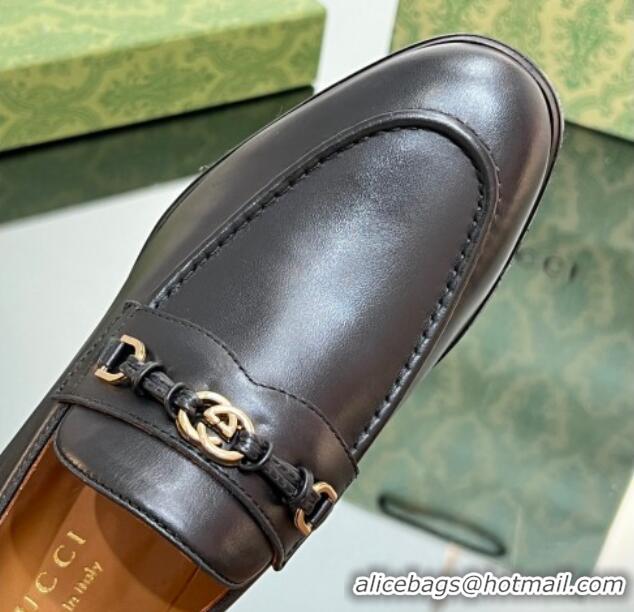 Best Grade Gucci Leather Loafers 3cm with Interlocking G Black 711083