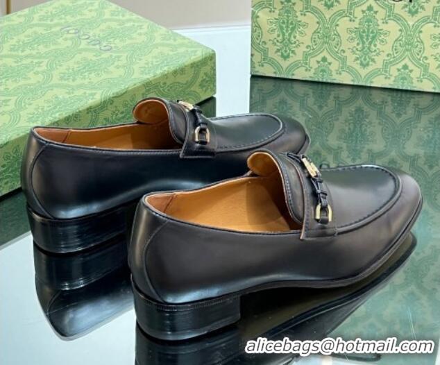 Best Grade Gucci Leather Loafers 3cm with Interlocking G Black 711083