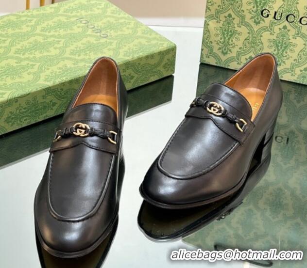 Best Grade Gucci Leather Loafers 3cm with Interlocking G Black 711083