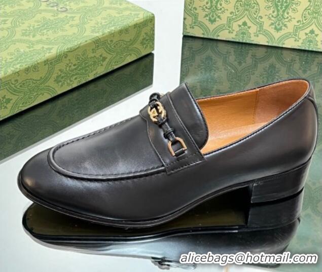 Best Grade Gucci Leather Loafers 3cm with Interlocking G Black 711083