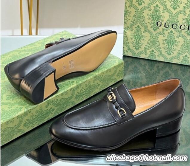 Best Grade Gucci Leather Loafers 3cm with Interlocking G Black 711083