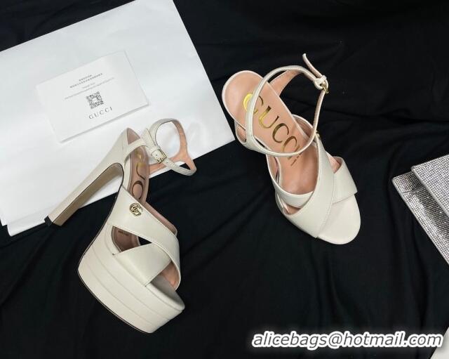 Best Price Gucci Leather High Heel Platform Sandals 14cm with GG White 711084