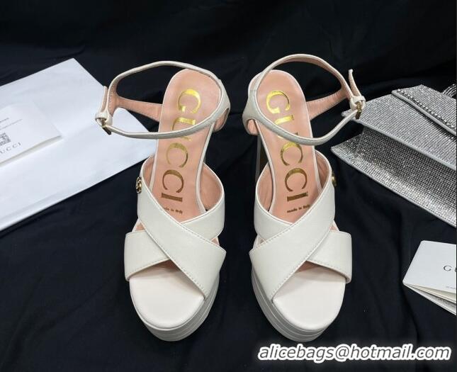 Best Price Gucci Leather High Heel Platform Sandals 14cm with GG White 711084