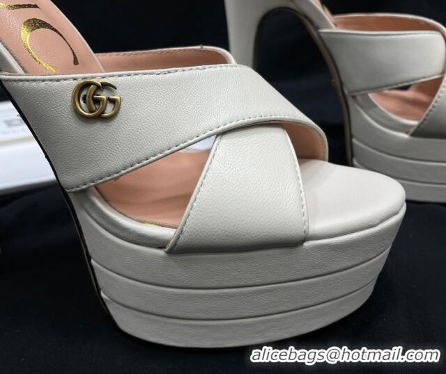 Best Price Gucci Leather High Heel Platform Sandals 14cm with GG White 711084