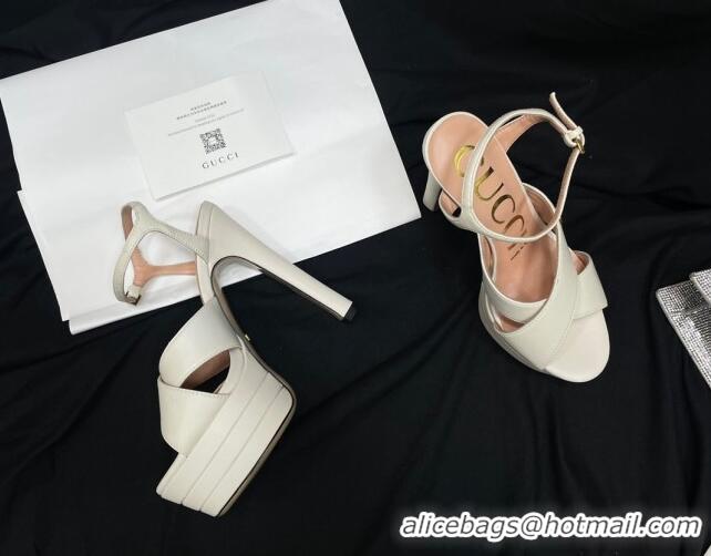 Best Price Gucci Leather High Heel Platform Sandals 14cm with GG White 711084