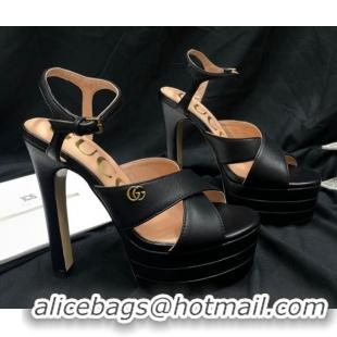 Cheapest Gucci Leather High Heel Platform Sandals 14cm with GG Black 711085