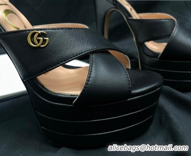 Cheapest Gucci Leather High Heel Platform Sandals 14cm with GG Black 711085