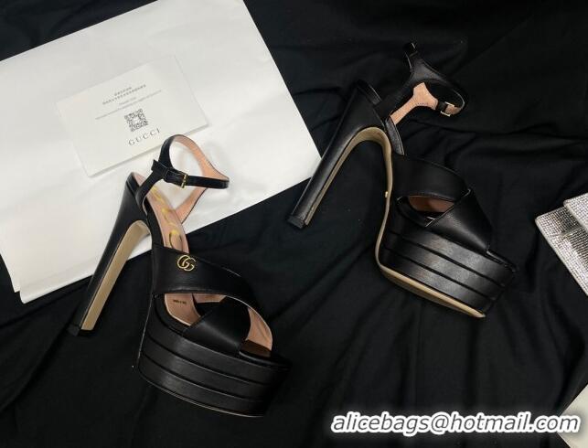 Cheapest Gucci Leather High Heel Platform Sandals 14cm with GG Black 711085