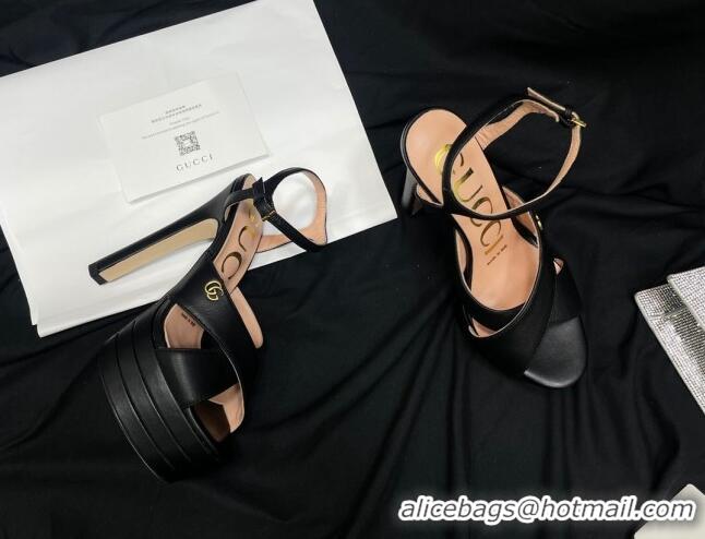 Cheapest Gucci Leather High Heel Platform Sandals 14cm with GG Black 711085