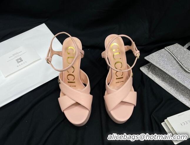 Unique Style Gucci Leather High Heel Platform Sandals 14cm with GG Light Pink 711086