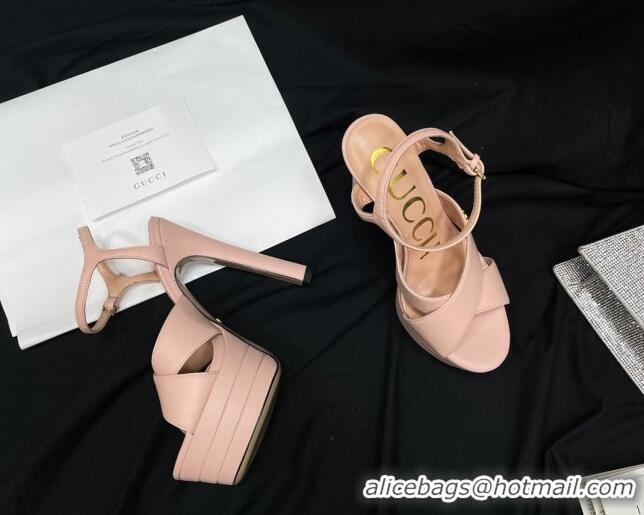 Unique Style Gucci Leather High Heel Platform Sandals 14cm with GG Light Pink 711086