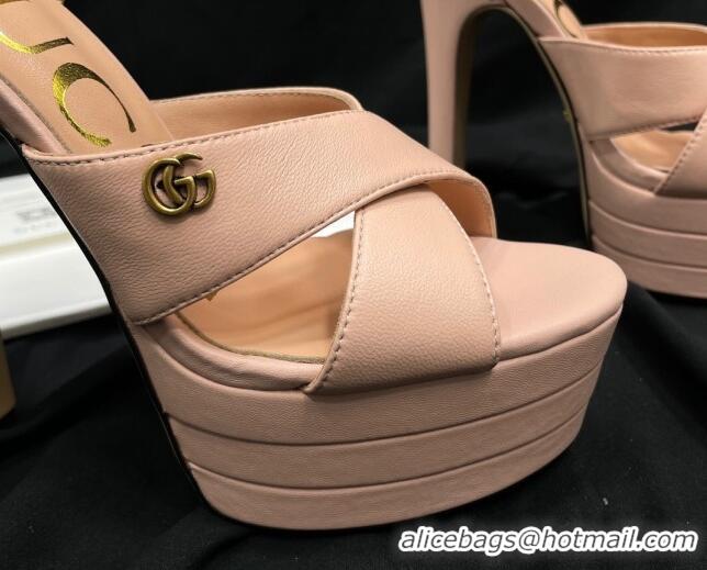 Unique Style Gucci Leather High Heel Platform Sandals 14cm with GG Light Pink 711086