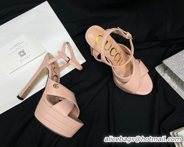 Unique Style Gucci Leather High Heel Platform Sandals 14cm with GG Light Pink 711086